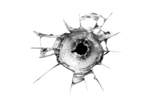 Close-up grayscale image of a shattered glass surface with radiating cracks and a central hole