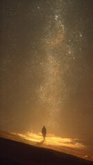 Silhouette of a person under golden sky and shimmering stardust, glowing sand. Milky way in desert at night
