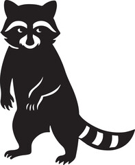 Black silhouette of a raccoon standing isolated on white background