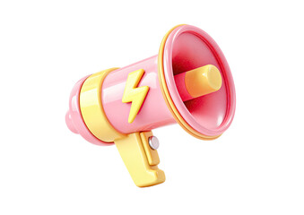 A rendered illustration of a pink and yellow megaphone with a lightning bolt symbol, isolated on black