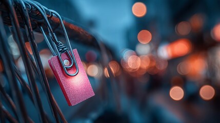 Close-up of a Pink Padlock on a Shopping Cart in City Street at Dusk with Bokeh Lights