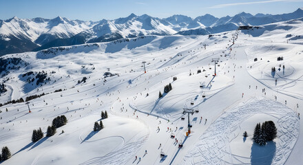 Panoramic ski resort scene with skiers snowboarders and chairlifts on snowy mountain slopes under a clear blue sky