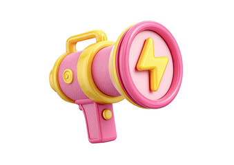 A stylized cartoon megaphone in pink and yellow, featuring an electric bolt icon