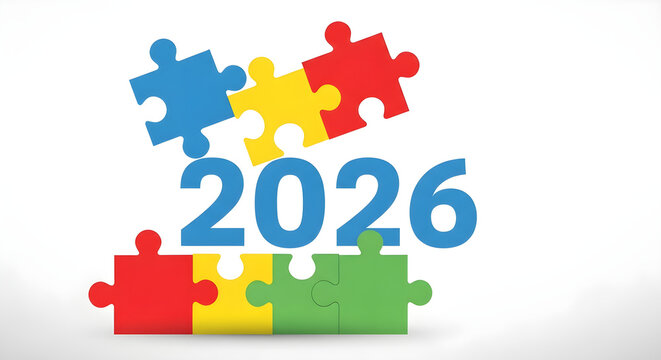 Year 2026 and colorful puzzle pieces on white background a concept for future planning and solutions
