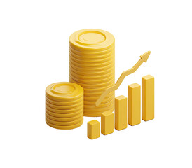 3D rendering depicts stacks of gold coins, upward trending arrow, and bar graph on black background
