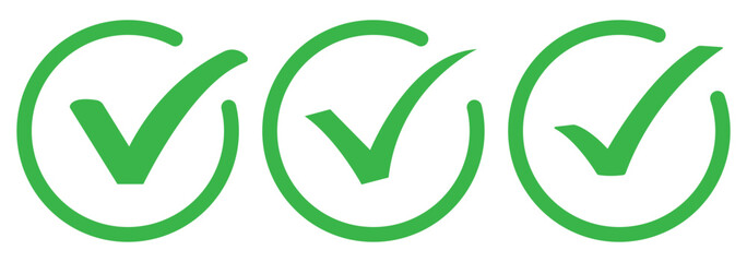 check box icon with correct, accept checkmark icons green tick box, check list circle frame. Goal achieved, Task completed, Approved tick icon.