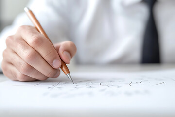 Hand writing on paper with a pencil. Man in a tie completing a task at his desk. Precision and focus on the task at hand.