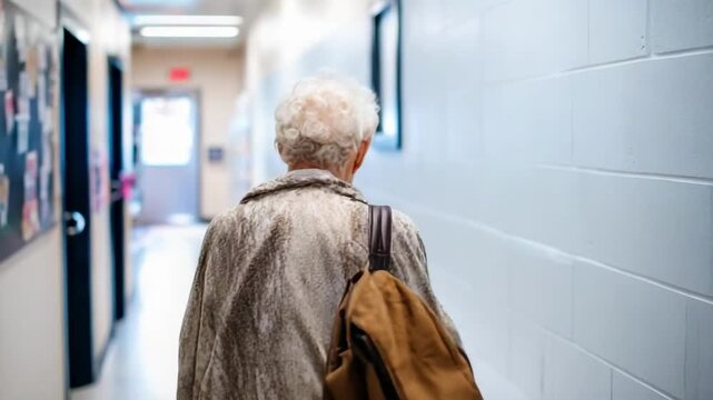 Elderly person with white hair wearing a patterned sweater walks away down a light-blue hallway, carrying a tan backpack.