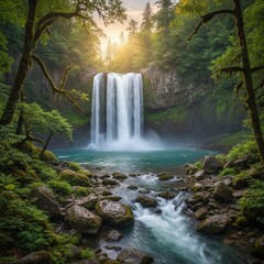 Ethereal view of a secluded waterfall paradise with crystal clear water and vibrant green foliage under a golden sun