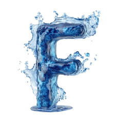 A translucent letter "F" crafted from water, complete with splashes, on a stark black background