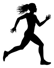 Female Athlete Running Silhouette Vector Black and White Outline Line Art Drawing Side View Speed Motion Dynamic