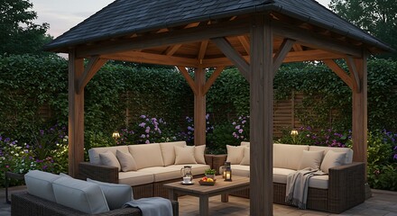 Cozy Outdoor Gazebo Retreat with Warm Lighting and Comfortable Seating.