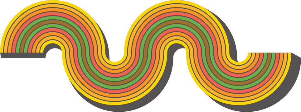Abstract rainbow shape. Retro 70s graphic for poster. Wavy stripes. Creative simple curved element. Minimal organic art