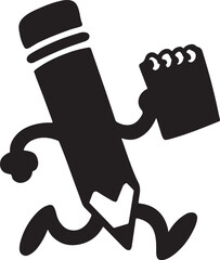Running pencil character with notepad silhouette isolated on white background