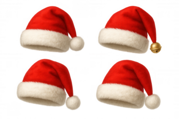 Set of red and white santa hats for christmas, holiday, and festive season designs, available on a transparent background