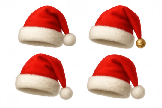 Set of red and white santa hats for christmas, holiday, and festive season designs, available on a transparent background