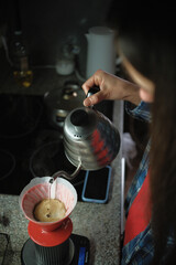 Making morning coffee. Coffee drip equipment 