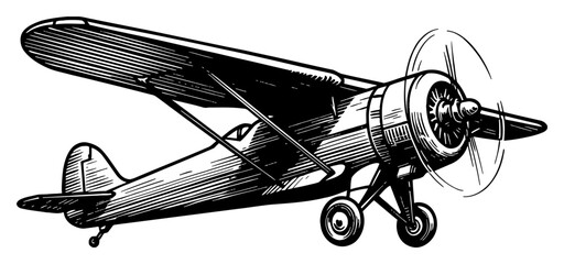 Retro Single Engine Airplane Propeller Aircraft Black and White Outline Line Art Drawing Vector Illustration