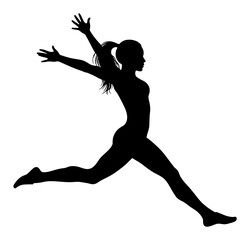 Fototapeta premium Dynamic Woman Jumping Pose Silhouette Vector Style Black and White Outline Line Art Drawing