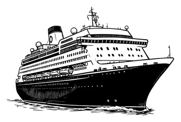 Fototapeta premium Detailed Cruise Ship Ocean Liner Water Transport Travel Vintage Black and White Outline Line Art Drawing