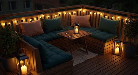 Fototapeta premium Cozy Outdoor Seating Area with String Lights and Lanterns at Dusk.