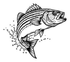Striped Bass Fish with Dramatic Jumping from Water Splash Black and White Outline Line Art Drawing
