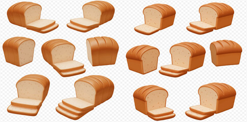 Loaves of bread, some sliced, arranged on a transparent background.