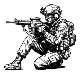 Soldier Ducking Aiming Rifle Wearing Helmet Tactical Gear Black and White Outline Line Art Drawing