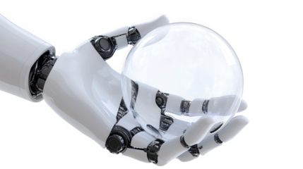A robot hand holding a glowing white sphere  in a close up view image on transparent background