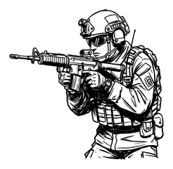 Soldier Ducking with Rifle Wearing Helmet Tactical Gear Black and White Outline Line Art Drawing