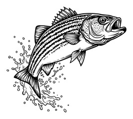Striped Bass Fish Dramatic Jumping from Water Splash Black and White Outline Line Art Drawing Vector