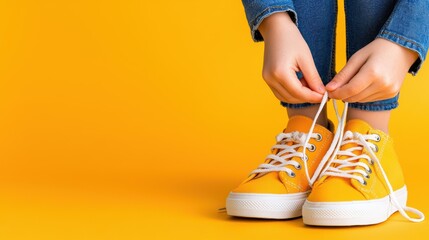 Hands Tying Shoelaces of Bright Yellow Sneakers Against a Vibrant Yellow Background for Youthful and Energetic Themes