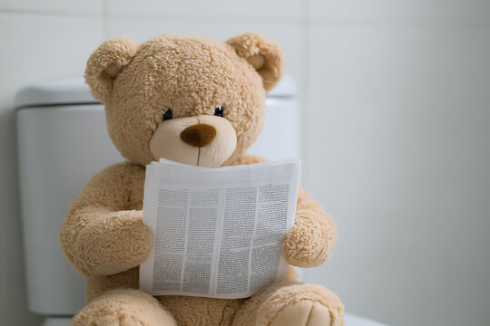 Teddy bear sitting on the toilet reading a newspaper in a brightly lit bathroom. Humorous and whimsical, with a soft and comforting presence.