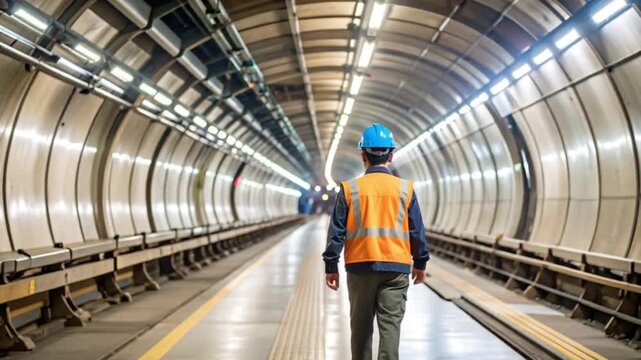 Worker Walking Through Futuristic Tunnel Architecture