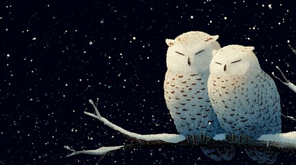 Pair of White Snowy Owls Sitting on Snow Covered Branch in Snowstorm