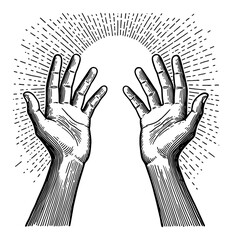 Detailed Two Hands Reaching Upwards with Dramatic Light Rays Black and White Outline Line Art Drawing