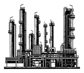 Oil Refinery Plant with Pipelines Towers Columns Industrial Factory Black and White Outline Line Art Drawing