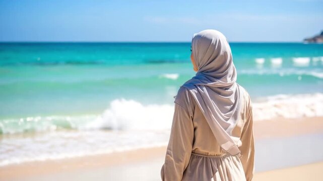 Muslim Woman Walking on Beach Enjoying Peaceful Morning