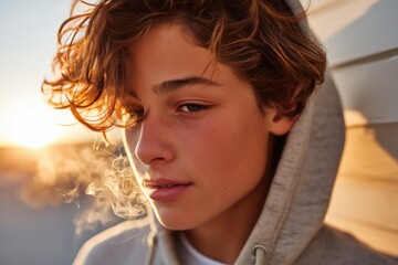 Young person in a hooded sweatshirt with a contemplative expression