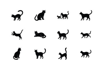 Collection of silhouetted black cats in various playful poses and stances