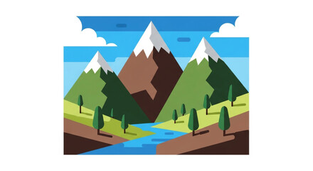 Mountain landscape vector illustration of mountain with snow, river and trees, nature design element