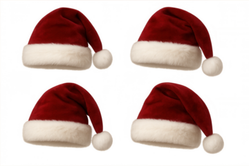 Red christmas santa hats with white fur pompoms, festive holiday accessories on transparent background