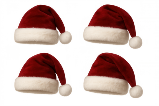 Red christmas santa hats with white fur pompoms, festive holiday accessories on transparent background