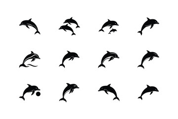 Obraz premium Collection of silhouetted dolphins in various dynamic poses against a white background