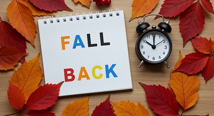Fall back message on a notepad with a small alarm clock and colorful autumn leaves, marking daylight saving time change