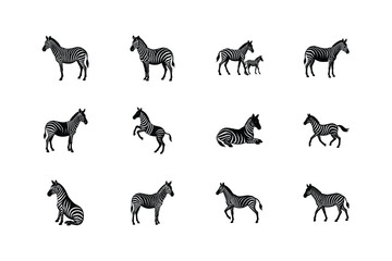 Collection of stylized black and white zebra silhouettes in various poses