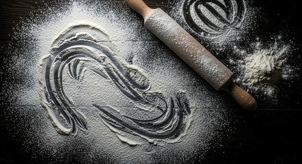 Flour And Rolling Pin Create Artistic Flourishes On Dark Surface