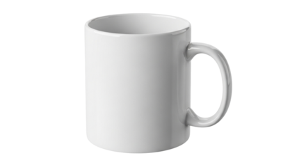 A plain white ceramic mug isolated on a transparent background, perfect for customization or product shots