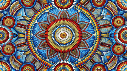 Plains Bead Rosette Seamless Pattern, Native American Beadwork Mandala Medallion, Concentric Tribal Floral in Turquoise Blue Red and Gold, Boho Ethnic Background for Fabric and Wallpaper