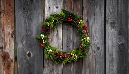 A festive, circular evergreen wreath adorned with pinecones, red berries, and sprigs of white flowers, hanging on a rustic wooden background
